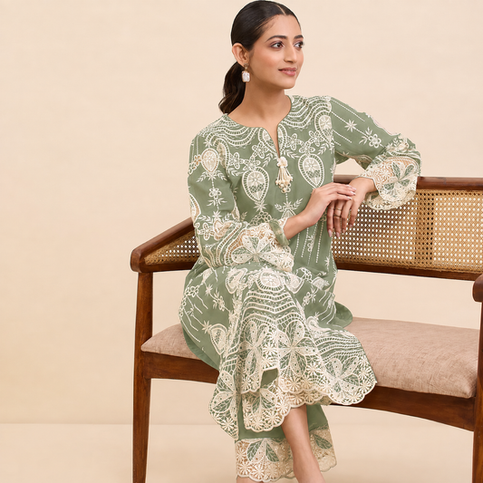Baranda Kurta and Pant Set - Sage