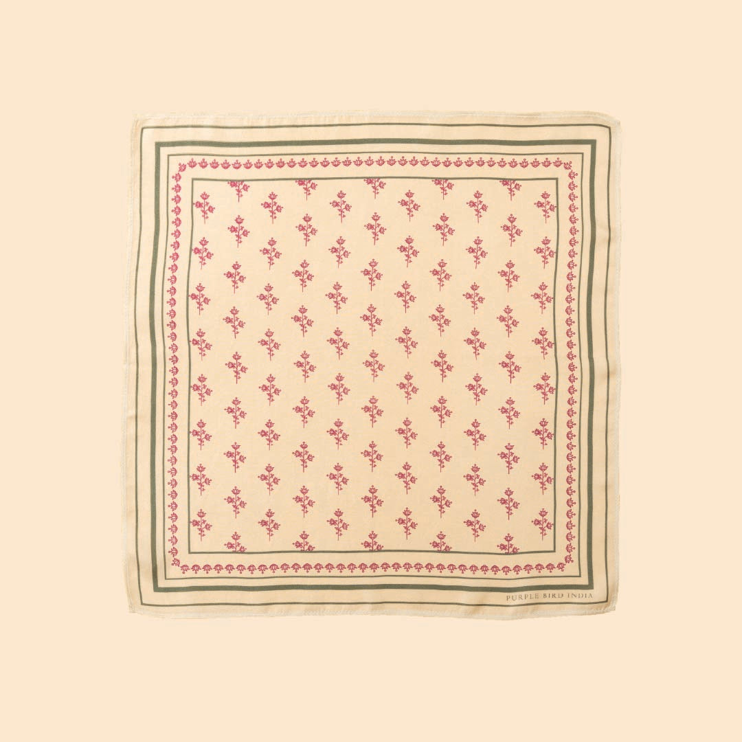 Purple Bird 'Kamal Buta' Twill Silk Pocket Square - Cream