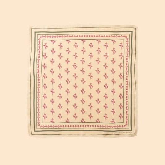 Purple Bird 'Kamal Buta' Twill Silk Pocket Square - Cream