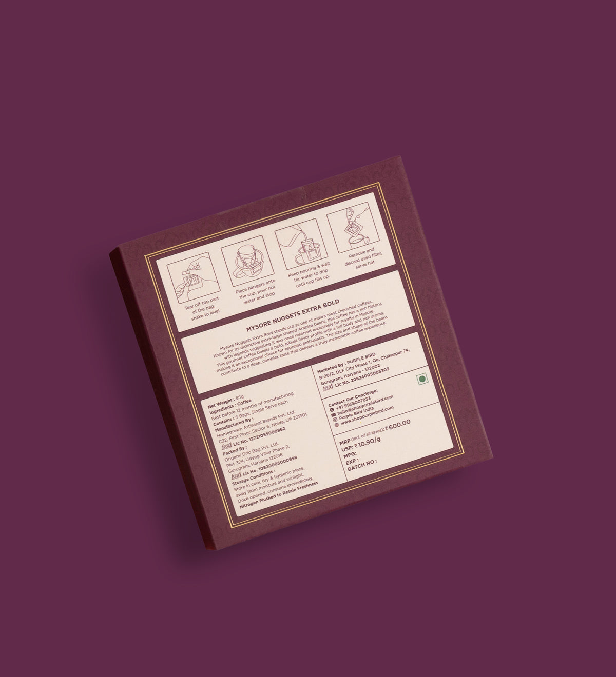 Purple Bird × Bili Hu Mysore Nuggets Extra Bold Arabica Coffee – Drip Bags (Set of 5) | Limited Edition
