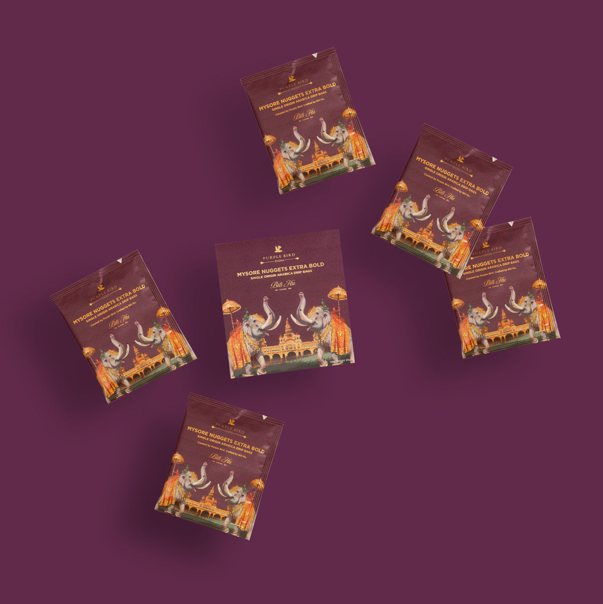 Purple Bird × Bili Hu Mysore Nuggets Extra Bold Arabica Coffee – Drip Bags (Set of 5) | Limited Edition