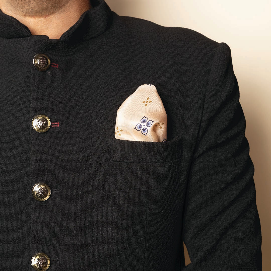 Purple Bird 'Mayur Vilas' Twill Silk Pocket Square - Cream and Blue Motif