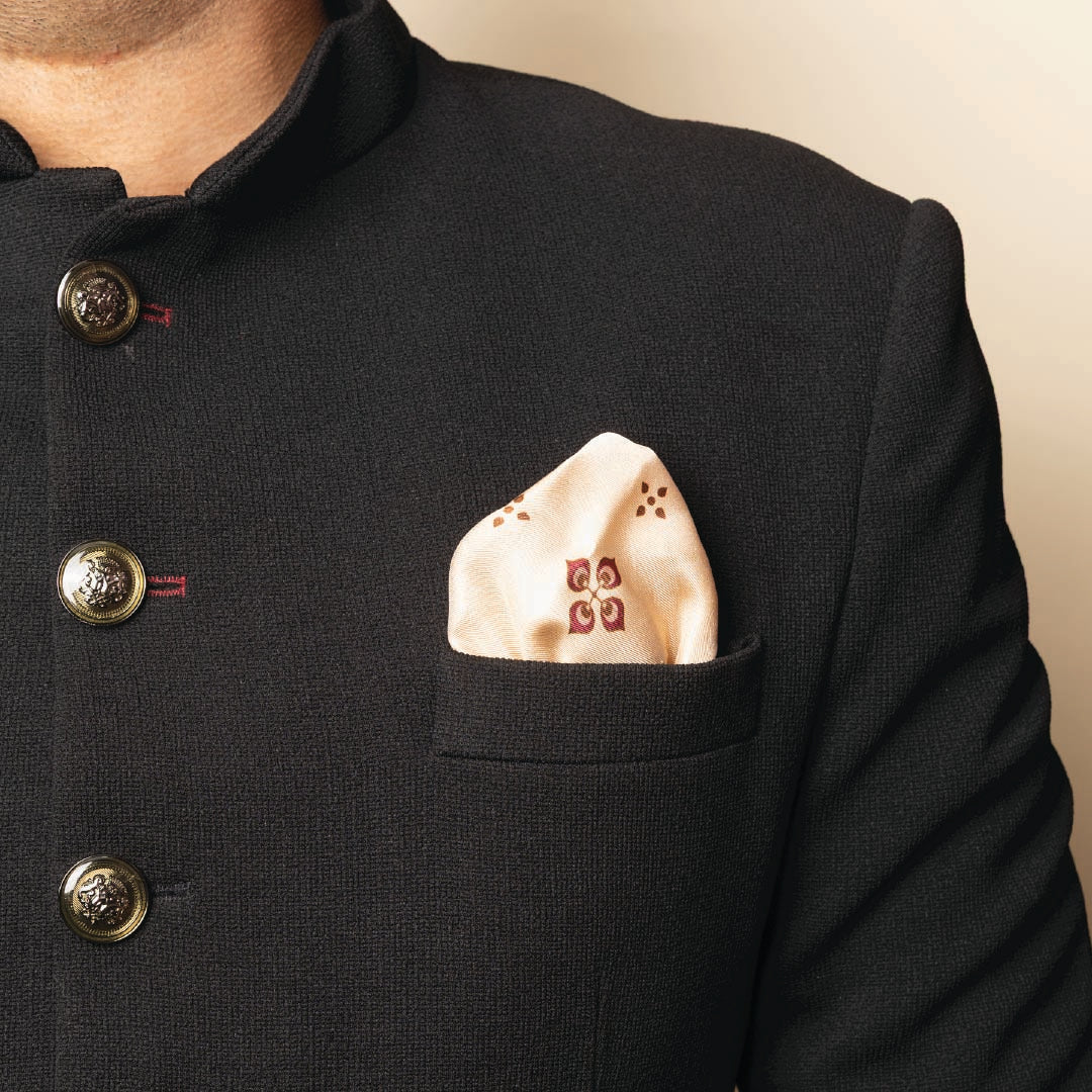 Purple Bird 'Mayur Vilas' Twill Silk Pocket Square - Cream and Maroon Motif