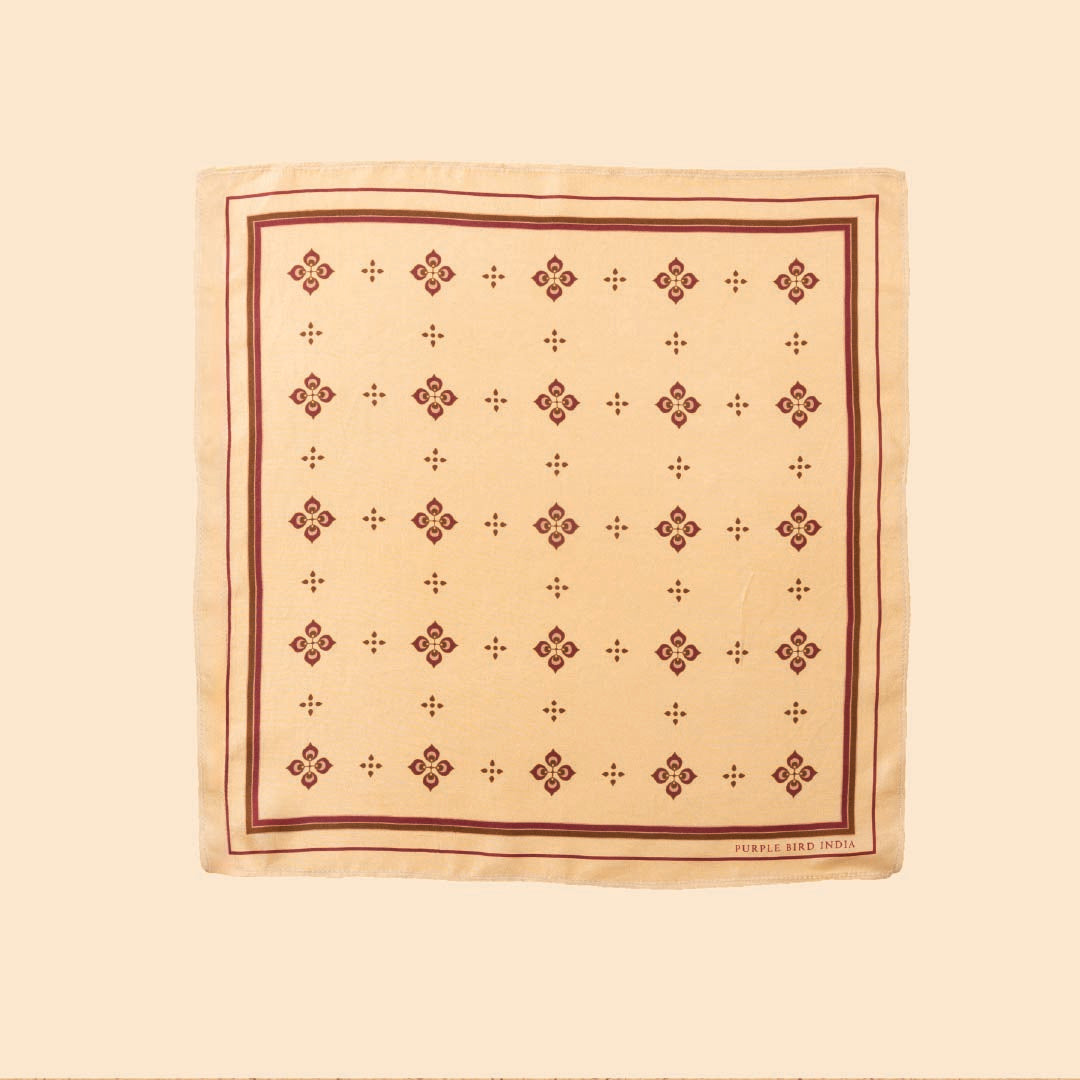 Purple Bird 'Mayur Vilas' Twill Silk Pocket Square - Cream and Maroon Motif