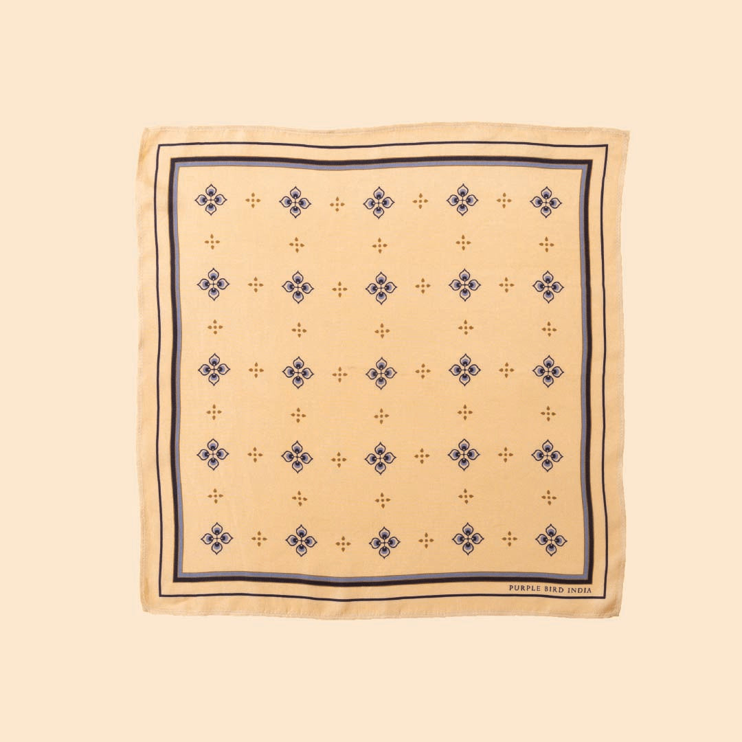 Purple Bird 'Mayur Vilas' Twill Silk Pocket Square - Cream and Blue Motif