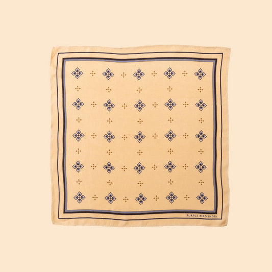Purple Bird 'Mayur Vilas' Twill Silk Pocket Square - Cream and Blue Motif