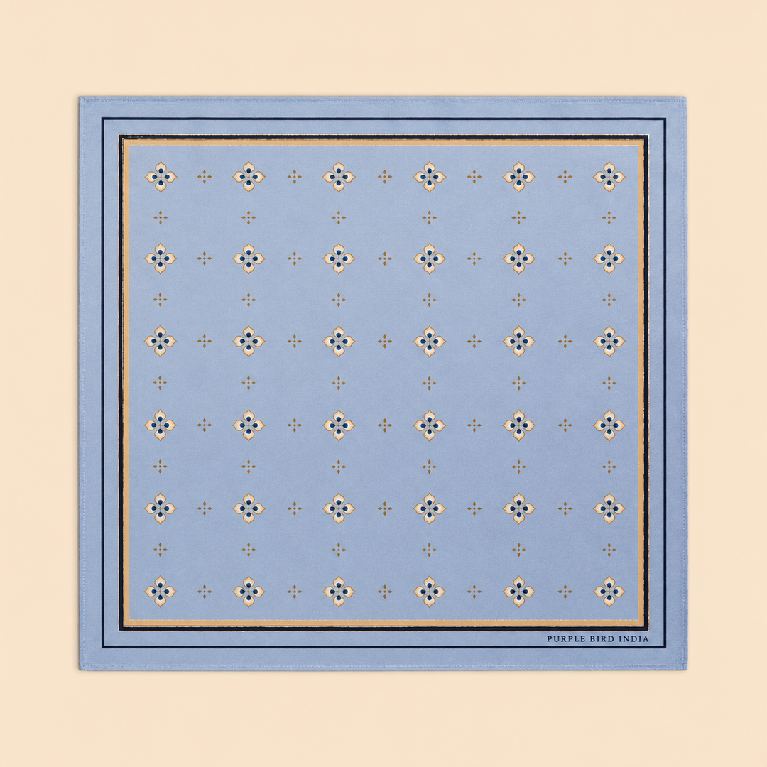 Purple Bird 'Mayur Vilas' Twill Silk Pocket Square - Powder Blue and Cream