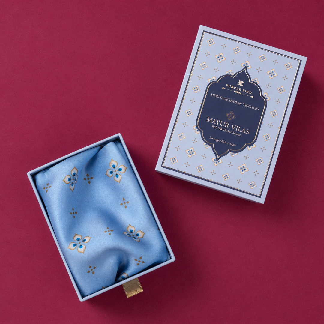 Purple Bird 'Mayur Vilas' Twill Silk Pocket Square - Powder Blue and Cream