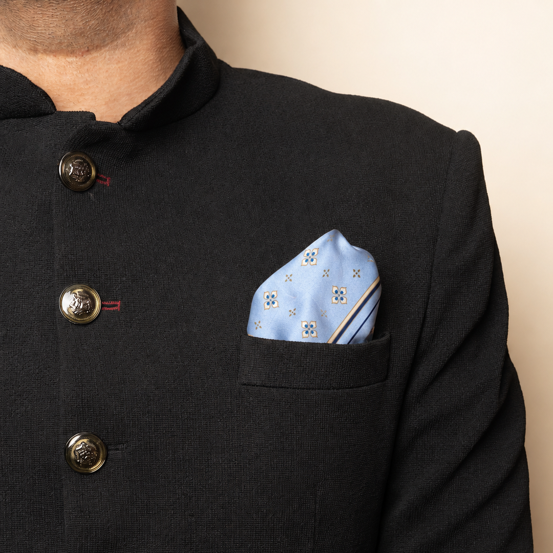 Purple Bird 'Mayur Vilas' Twill Silk Pocket Square - Powder Blue and Cream