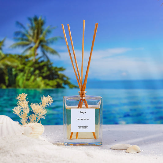 A popular home fragrance product that allows the aroma to diffuse continuously into the air throughout an entire room or area.  Create the right kind of feels around your home with our Fresh Ocean Mist Reed Diffuser. With the fragrances of white musk and oakmoss, this diffuser makes sure it creates a rejuvenating, fresh, and romantic atmosphere.