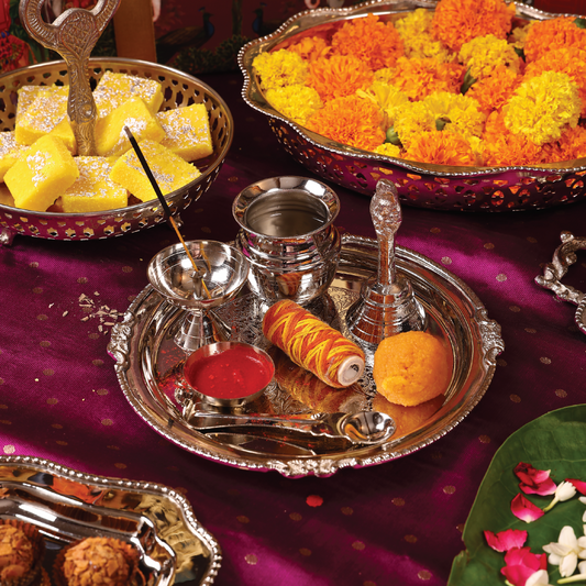 Purple Bird ‘Simran’ Silver-Plated Round Pooja Thali with Bell & Accessories