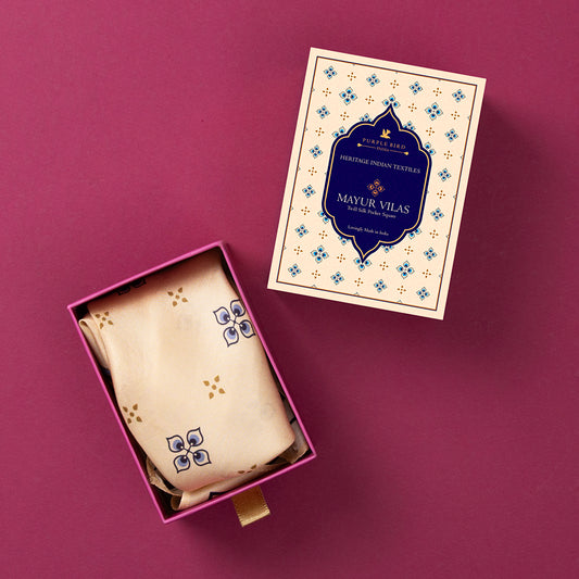 Purple Bird 'Mayur Vilas' Twill Silk Pocket Square - Cream and Blue Motif