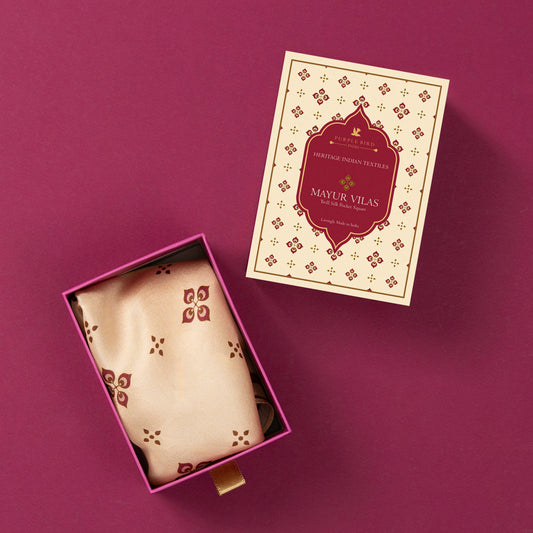 Purple Bird 'Mayur Vilas' Twill Silk Pocket Square - Cream and Maroon Motif