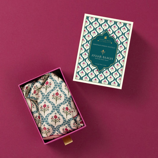 Purple Bird 'Anaar Baagh' Twill Silk Pocket Square - Firoza