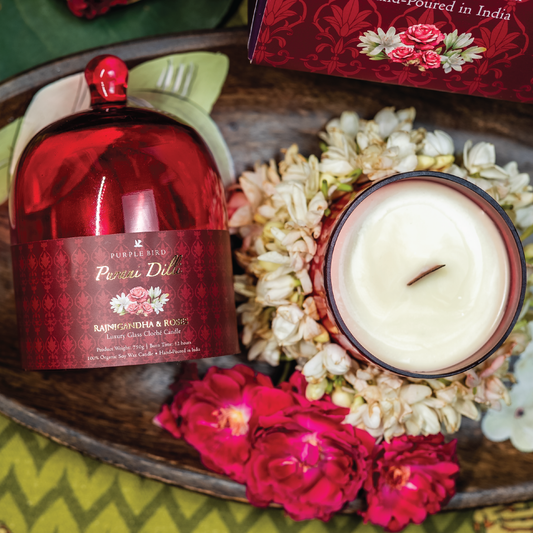 Purple Bird 'Purani Dilli' Luxury Glass Cloché Candle - Roses & Rajnigandha