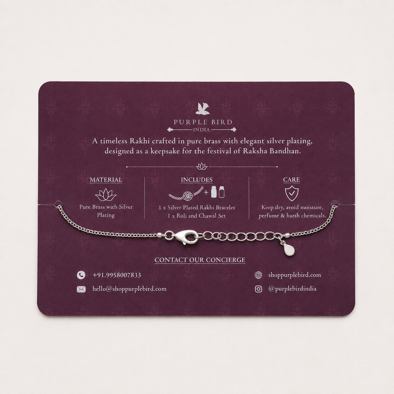Purple Bird ‘Kamal Kiran’ Silver-Plated Rakhi Bracelet (with Roli Chawal Set)