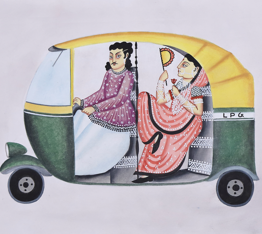 Purple Bird 'Babu Bibi in Auto' Kalighat Pat Artwork (Unframed)  14" x 12" (Landscape)