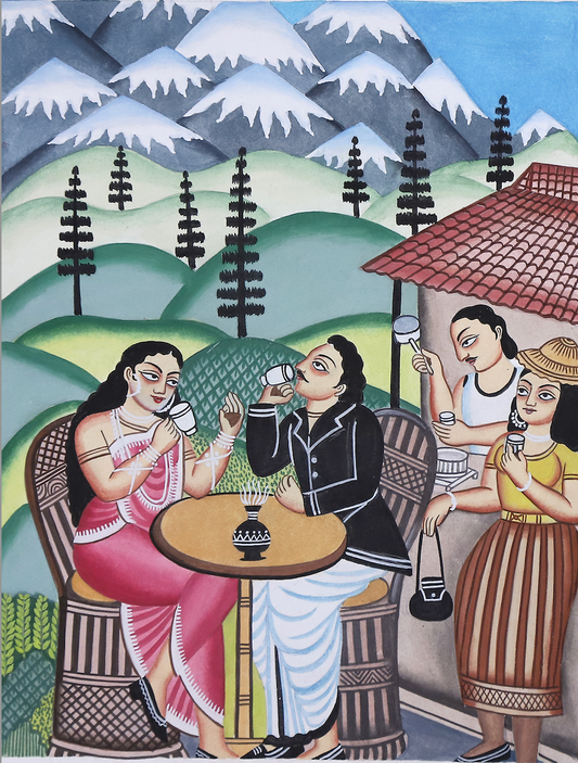 Purple Bird 'Barra Saab and Barra Mem': Tea Garden Elegance Kalighat Pat Artwork (Unframed) 12" x 14"