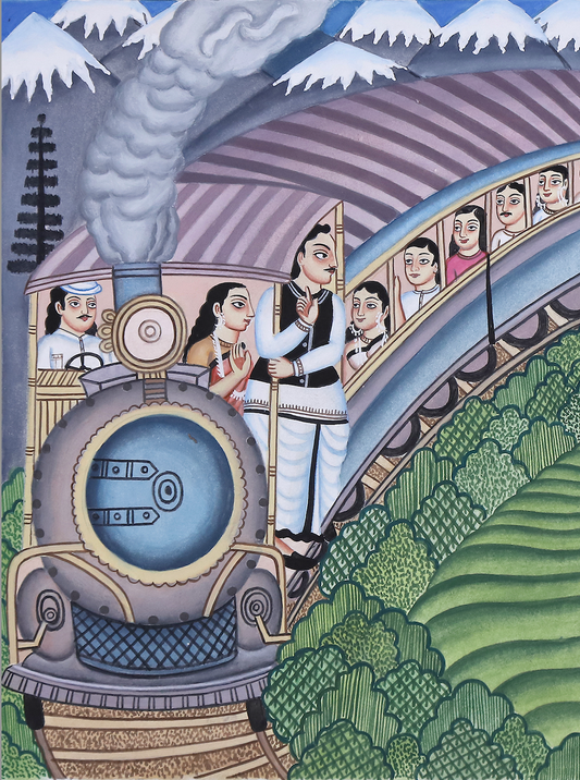 Purple Bird 'Babu Bibi & The Darjeeling Toy Train' Kalighat Pat Artwork (Unframed) 12" x 14"