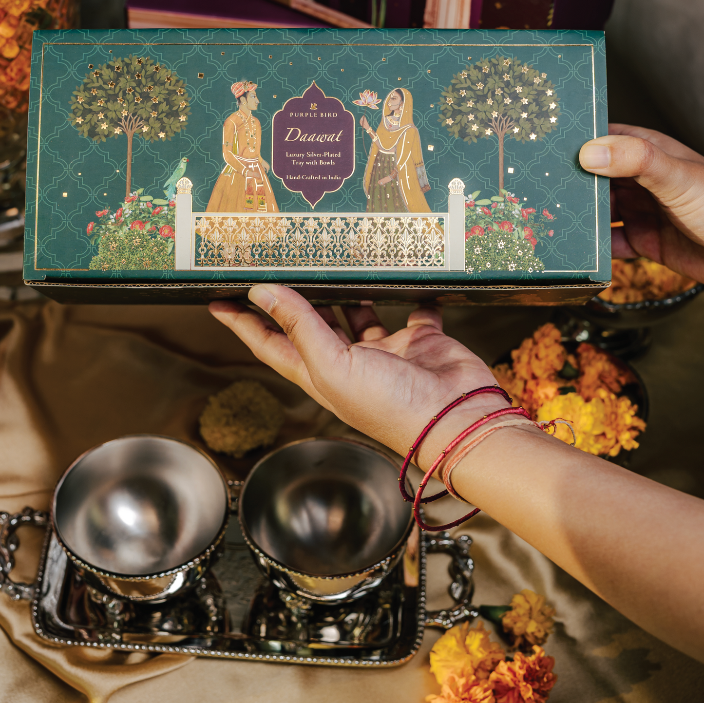 Purple Bird Daawat Silver Plated Tray with Bowls