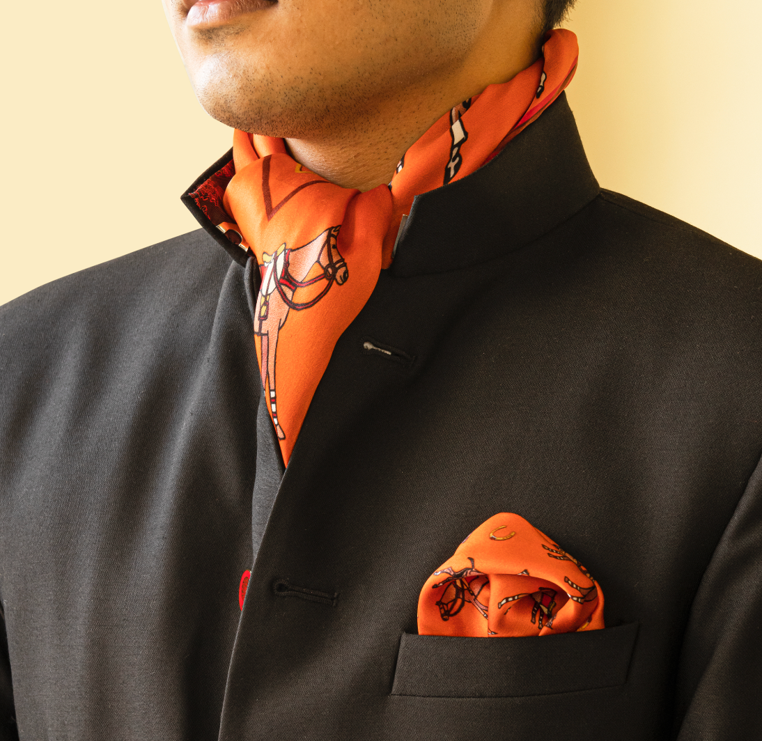 Khatu Red Orange Horses Pocket Square