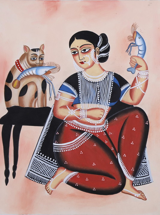 Purple Bird 'Bibi in Red Saree with Maach' Kalighat Pat Artwork (Unframed) 12" x 14"