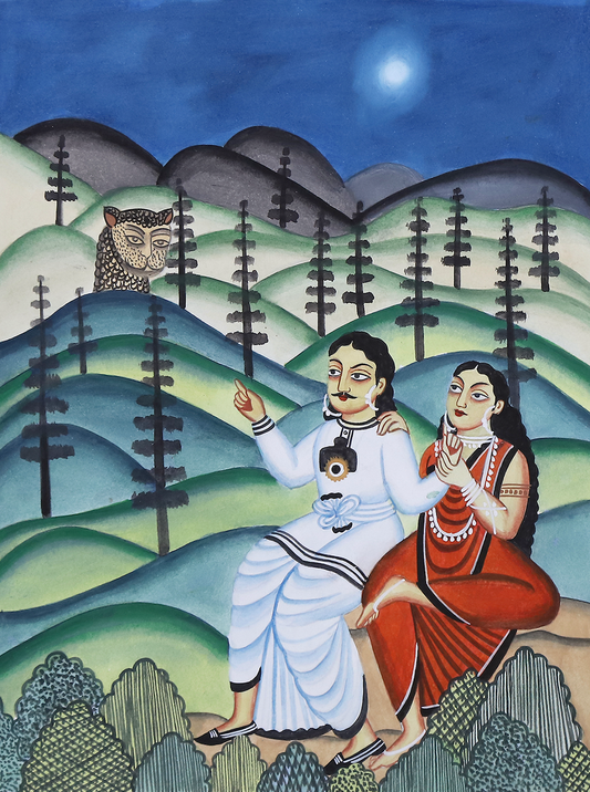 Purple Bird 'Amidst Tea and Tranquility: Babu and Bibi's Quiet Moment in Darjeeling'  Kalighat Pat Artwork (Unframed) 12" x 14"