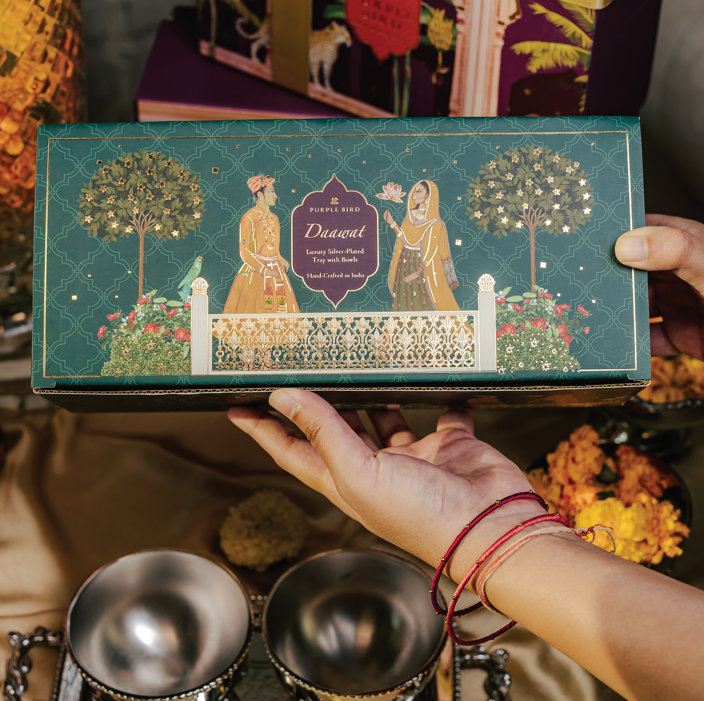 Purple Bird Daawat Silver Plated Tray with Bowls