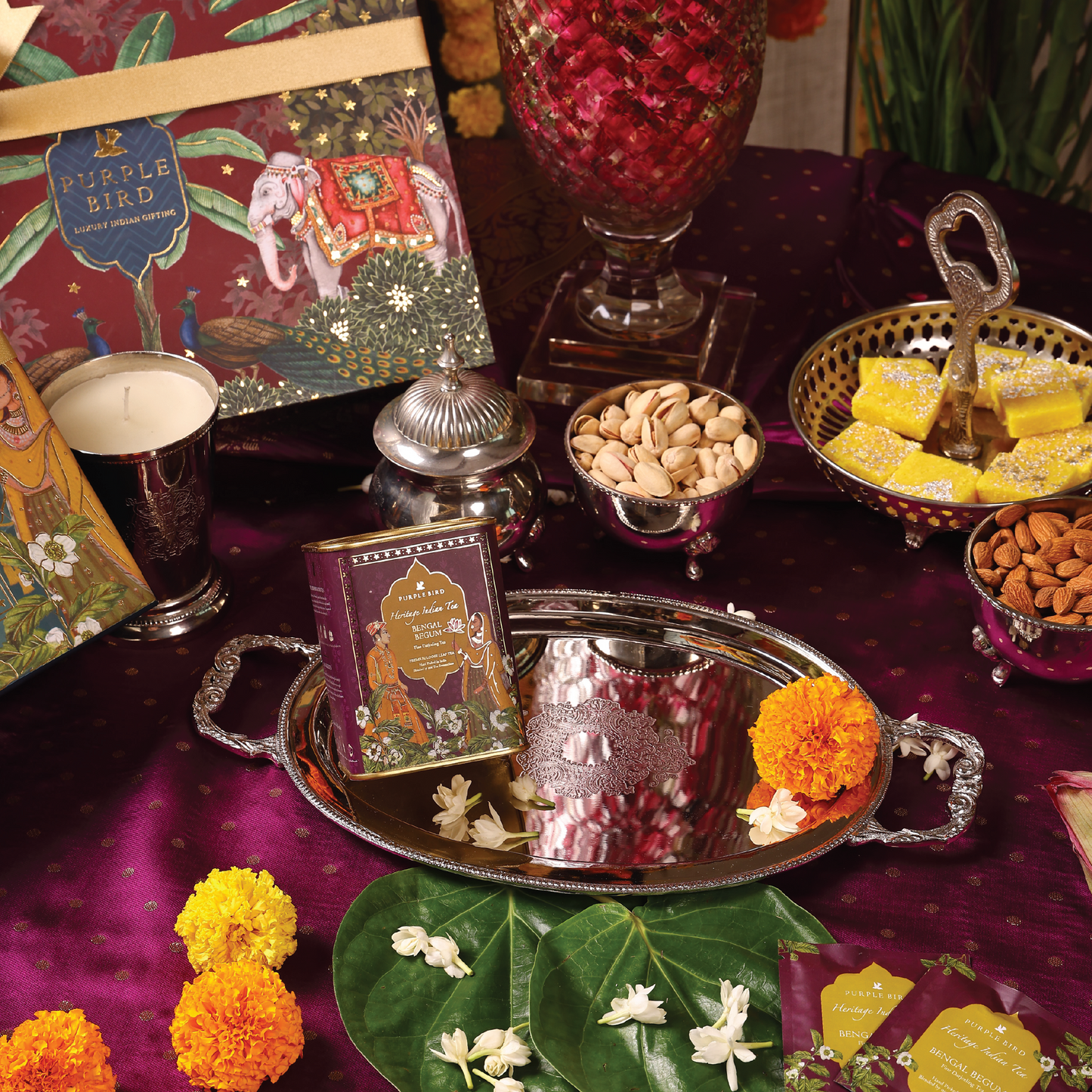 Purple Bird 'Shobha' Silver Plated Tray with Handles (Oval)