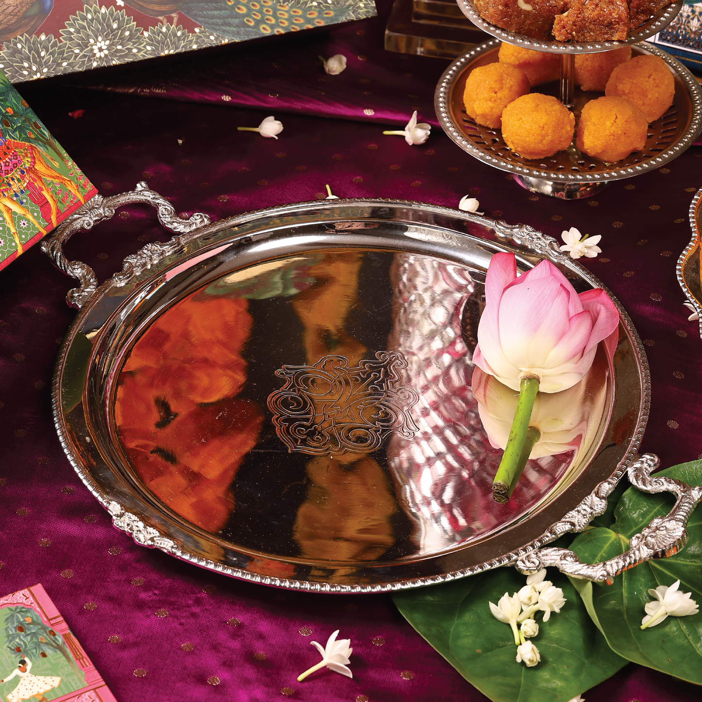 Purple Bird 'Seva' Round Silver Plated Tray