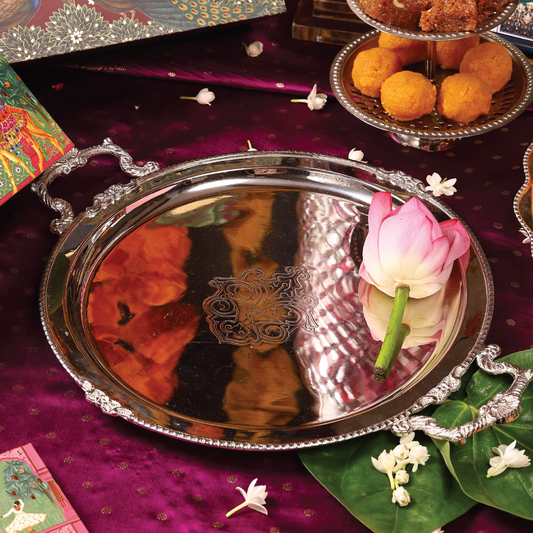 Purple Bird 'Seva' Round Silver Plated Tray