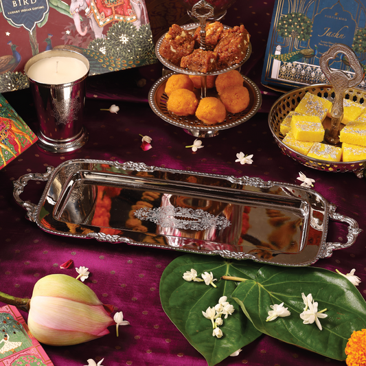 Purple Bird 'Shobha' Silver Plated Tray with Handles (Rectangle)