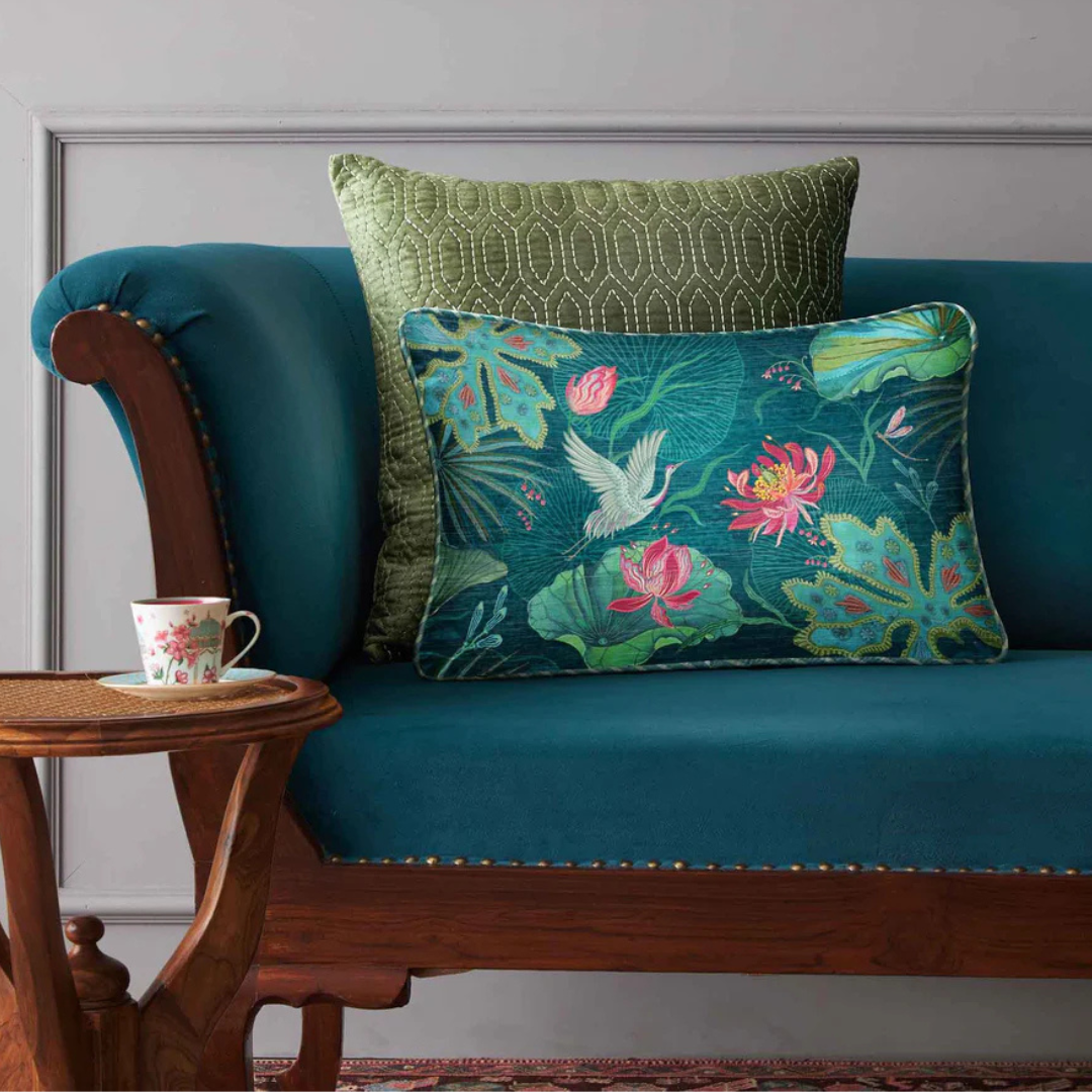 Kainaat Padma Crane Cushion Cover (Aqua Slim)