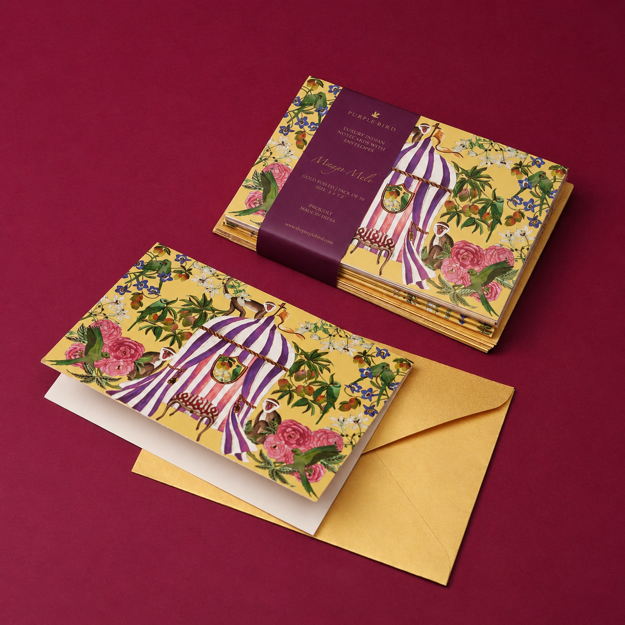 Purple Bird 'Mango Mela' Notecards with Envelopes (Pack of 10)